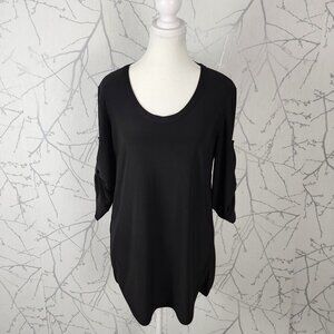 Joseph Ribkoff Black Slinky Knit Round Neck Roll Tab Sleeve Tunic